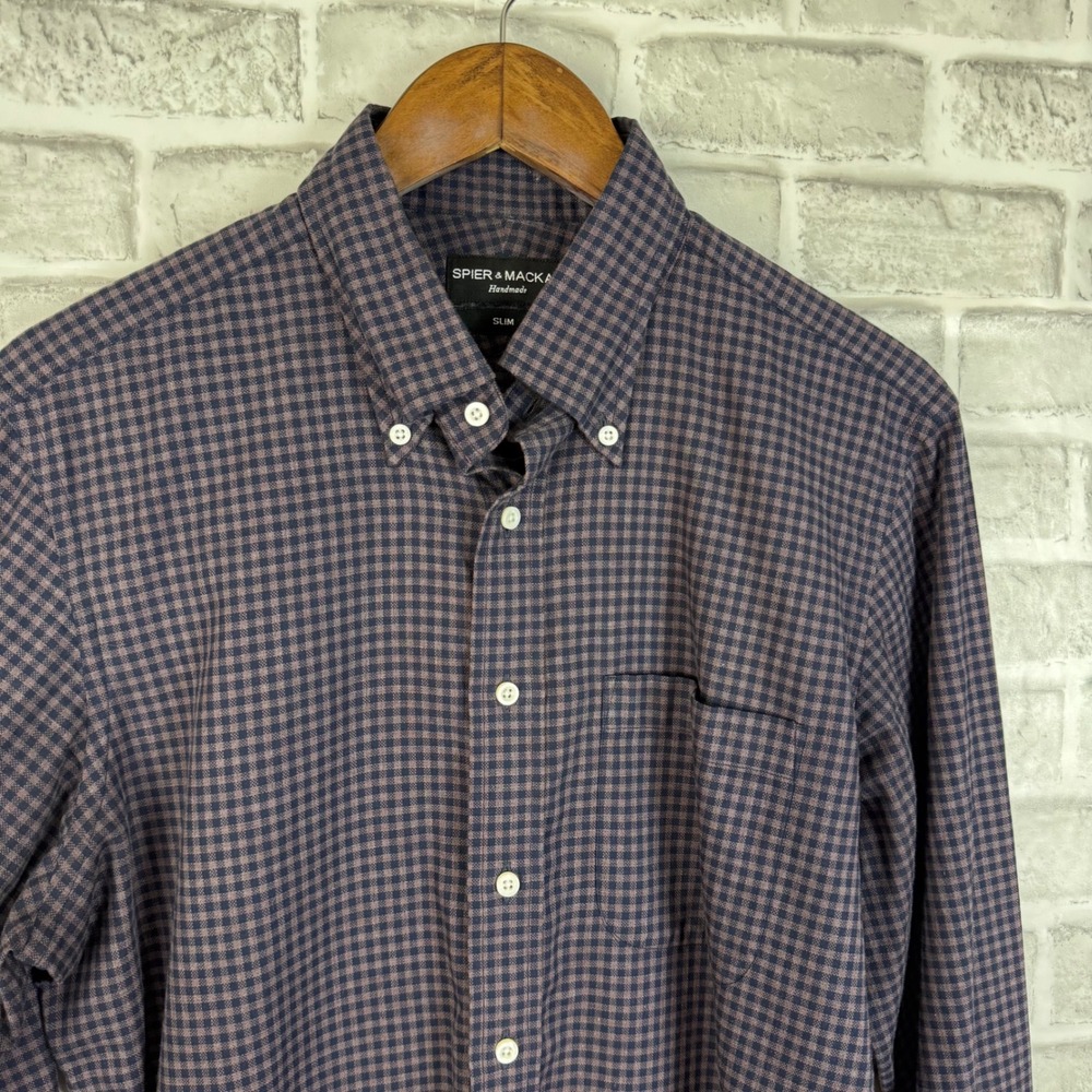 Spier & Mackay Mens Slim Fit Button Down Shirt 15.5 Navy Brown Gingham Cotton